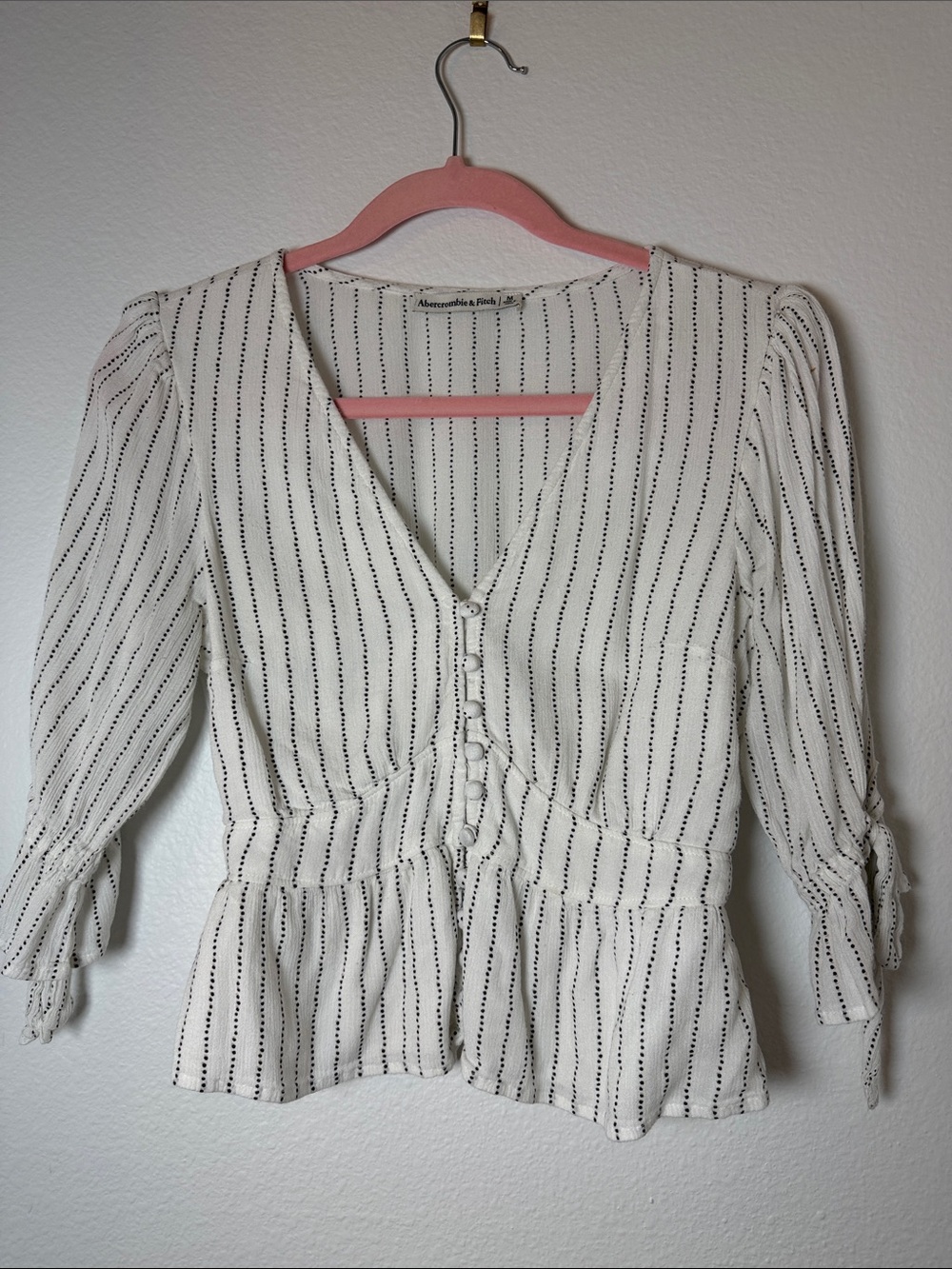 Abercrombie & Fitch White Blouse with Black Pinstripes and Peplum